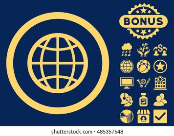 Globe icon with bonus symbols. Vector illustration style is flat iconic symbols, yellow color, blue background.