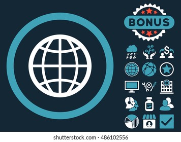 Globe icon with bonus symbols. Vector illustration style is flat iconic bicolor symbols, blue and white colors, dark blue background.