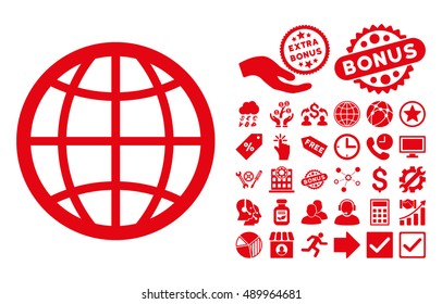 Globe icon with bonus symbols. Vector illustration style is flat iconic symbols, red color, white background.