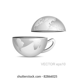 Globe icon - business map in shape of a coffee cup with lid against white background