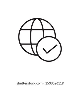 globe icon and checkmark, confirm planet, vector illustration on a white background, editable stroke.