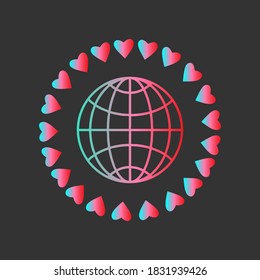 Globe icon, circle of hearts. Gradient colors, blue pink red. Concept of love, kindness, peace on planet. Web card, editable decorative template. Vector 10