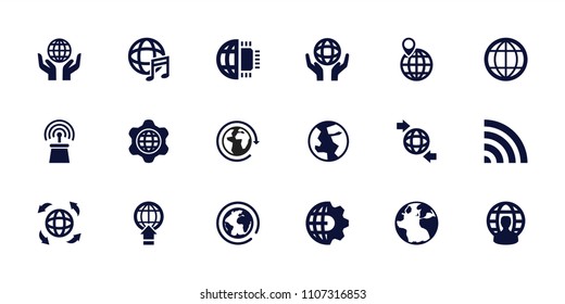 Globe icon. collection of 18 globe filled icons such as wi-fi, international music, clobe gear, planet, cpu planet. editable globe icons for web and mobile.