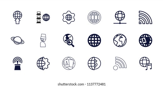 Globe icon. collection of 18 globe filled and outline icons such as planet, clobe gear, wi-fi, international music, signal, internet. editable globe icons for web and mobile.