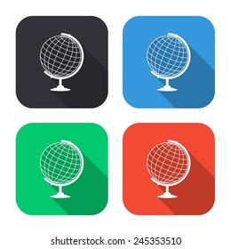 globe icon - colored illustration (gray, blue, green, red) with long shadow