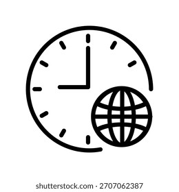 Ícone de globo combinado com um relógio. Ilustração vetorial plana para tempo mundial, viagens globais e negócios internacionais.