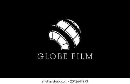 Globe icon concept isolated on black background. Film strip on globe shape illustration vector.