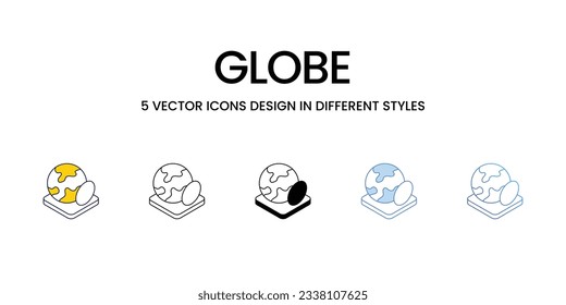 Globe Icon Design in Fünf-Stil mit Editable Stroke. Linie, feste, flache Linie, Duo Tone Farbe und Farbverlauf Linie. Geeignet für Webpage, Mobile App, UI, UX und GUI Design.