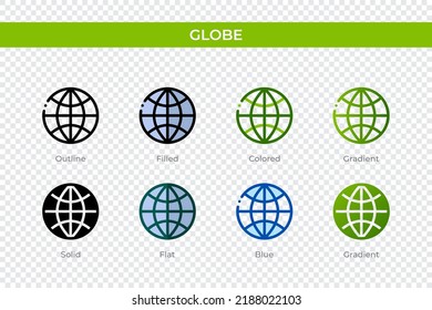 Globe icon in different style. Globe vector icons designed in outline, solid, colored, filled, gradient, and flat style. Symbol, logo illustration. Vector illustration