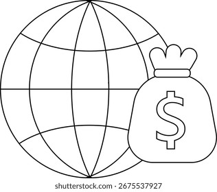 Icono del globo y icono del saco del dólar con el fondo blanco. Con las líneas negras