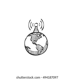 Globe icon in doodle sketch lines. Earth map cartography education school instrument