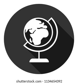 Globe icon. Earth icon. Gray background with shadow. Vector flat sign. Round icon with shadow