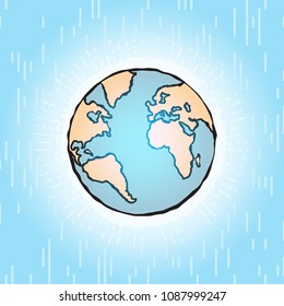 Globe icon earth planet shining in blue space with sun rays, global world sign, Earth day symbol. Vector.