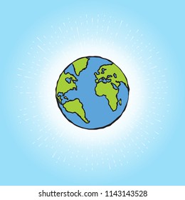 Globe icon earth planet shining in blue space with sun rays, global world sign, Earth day symbol. Vector.
