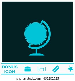 Globe icon flat. Blue pictogram on dark background. Vector illustration symbol and bonus icons