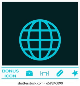 Globe icon flat. Blue pictogram on dark background. Vector illustration symbol and bonus icons