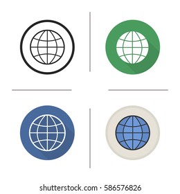 Globe icon. Flat design, linear and color styles. Earth spherical model. Isolated vector illustrations