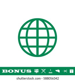 Globe icon flat. Green pictogram on white background. Vector illustration symbol and bonus button