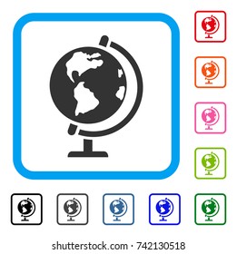 Globe icon. Flat grey iconic symbol in a light blue rounded frame. Black, gray, green, blue, red, orange color versions of Globe vector. Designed for web and software UI.