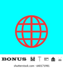 Globe icon flat. Red pictogram on blue background. Vector illustration symbol and bonus buttons Music center, corkscrew, credit card, house, drum