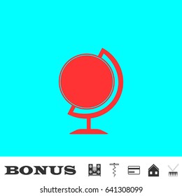 Globe icon flat. Red pictogram on blue background. Vector illustration symbol and bonus buttons Music center, corkscrew, credit card, house, drum