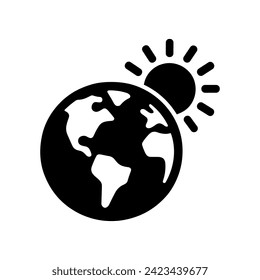 Globe icon in flat style. Black Globe icon with Sun. Global warming or climate change concept. Vector illustration
