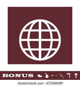 Globe icon flat. White pictogram on brown background. Vector illustration symbol and bonus icons