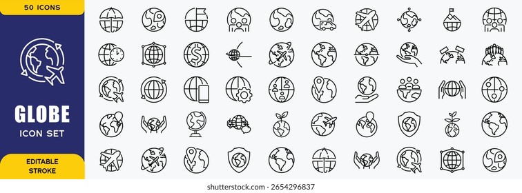 Icono del globo. Conjunto de iconos de línea de comunicaciones globales. Ilustración vectorial. Trazo editable