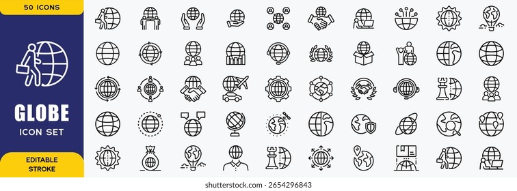 Icono del globo. Conjunto de iconos de línea de comunicaciones globales. Ilustración vectorial. Trazo editable