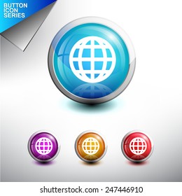 Globe Icon. Glossy Button Icon Set. Vector Illustration