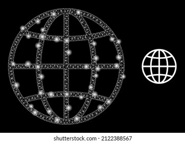 Globe icon and glowing net mesh globe model with bright spots. Illuminated model done using globe vector icon and triangulated mesh. Illuminated frame globe, on a black background.
