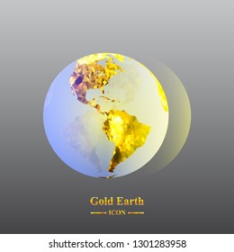 Globe icon with golden map of the continents of the world. Earth icon - design.  Abstract Golden Globe. Golden Earth. Golden continents on planet Earth.