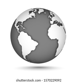 Globe icon gray on white with smooth vector shadows and map of the continents of the world. Vector illustration