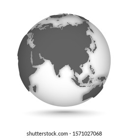 Globe icon gray on white with smooth vector shadow and map of the continents of the world. Europe, Asia, Oceania. Vector illustration