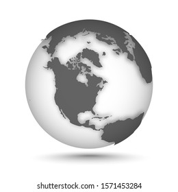 Globe icon gray on white with smooth vector shadow and map of the continents in the northern hemisphere. North America Vector illustration
