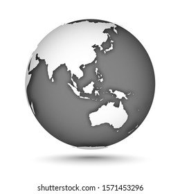 Globe icon gray on white with smooth vector shadow and map of the continents of the world. Europe, Asia, Oceania, Australia. White continent and gray water. Vector illustration