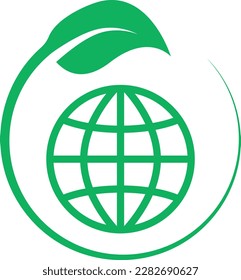 Globe icon in green leaf circle, eco friendly energy logo, happy world earth day
