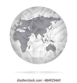 Globe icon in grey color. World map background in polygonal style. Stock vector. Flat design. 