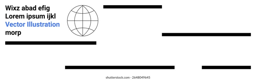 Globe icon with grid lines, random text blocks, and black horizontal lines. Ideal for website banners, educational content, tech presentations, infographics, business reports, marketing materials