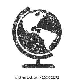 Icono de globo. Grunge textura. Símbolo de mapa de esfera mundial. Señal de la Tierra desde el espacio. Geografía del atlas de América del Norte y del Sur. botón Internet de interfaz de aplicación Web. Imagen de la ilustración del vector.