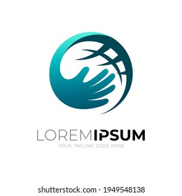 Globe icon with hand design template, earth logo , blue color