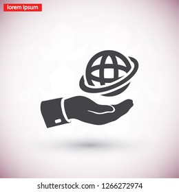 Globe icon with hand. Vector Eps 10