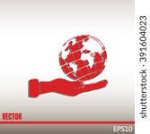 Globe icon with hand, vector illustration.
