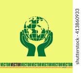 Globe icon with hand, vector illustration.