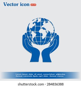 Globe icon with hand, vector illustration.