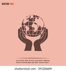 Globe icon with hand, vector illustration.