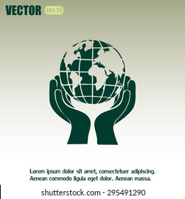 Globe icon with hand, vector illustration.