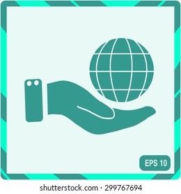 Globe icon with hand, vector illustration