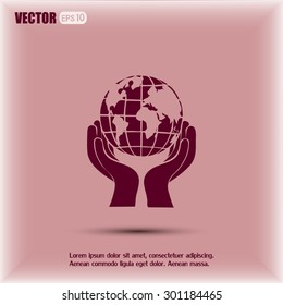 Globe icon with hand, vector illustration.