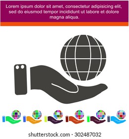 Globe icon with hand, vector illustration